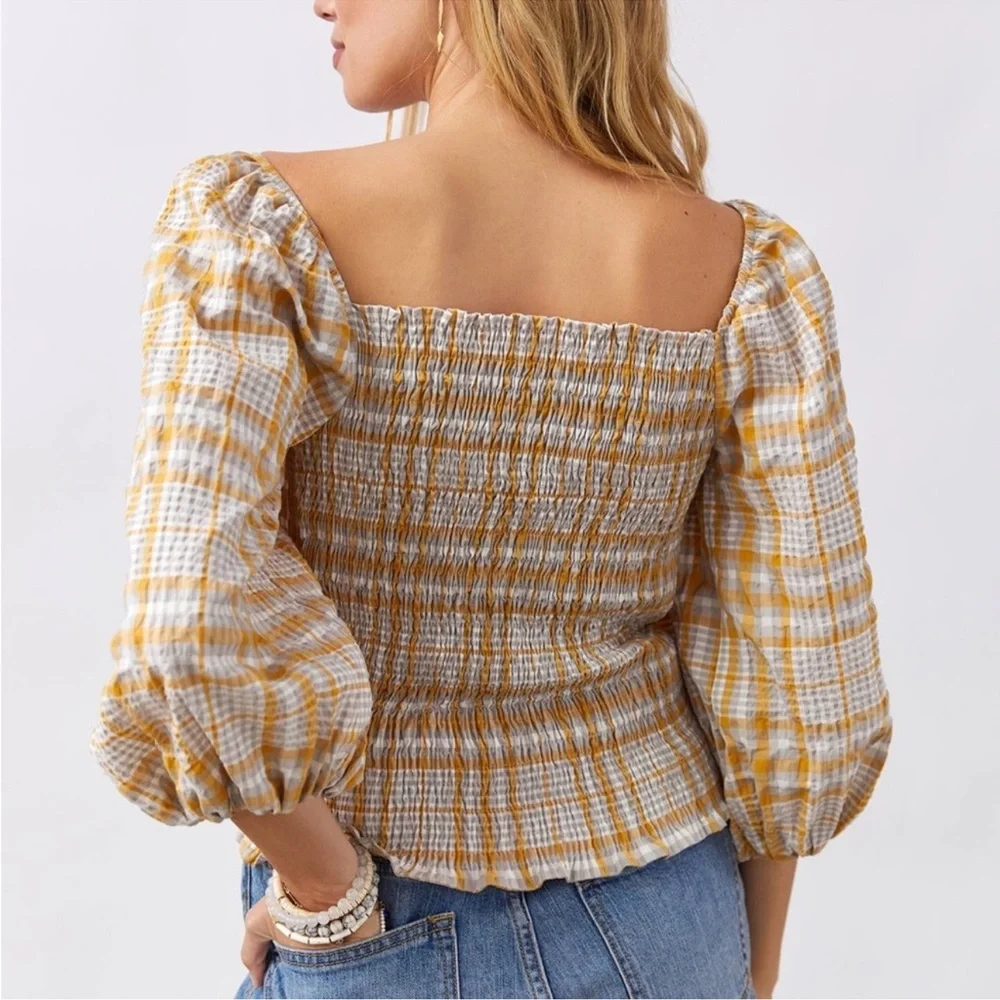Anthropologie Yellow and White Plaid Puff-Sleeve Blouse